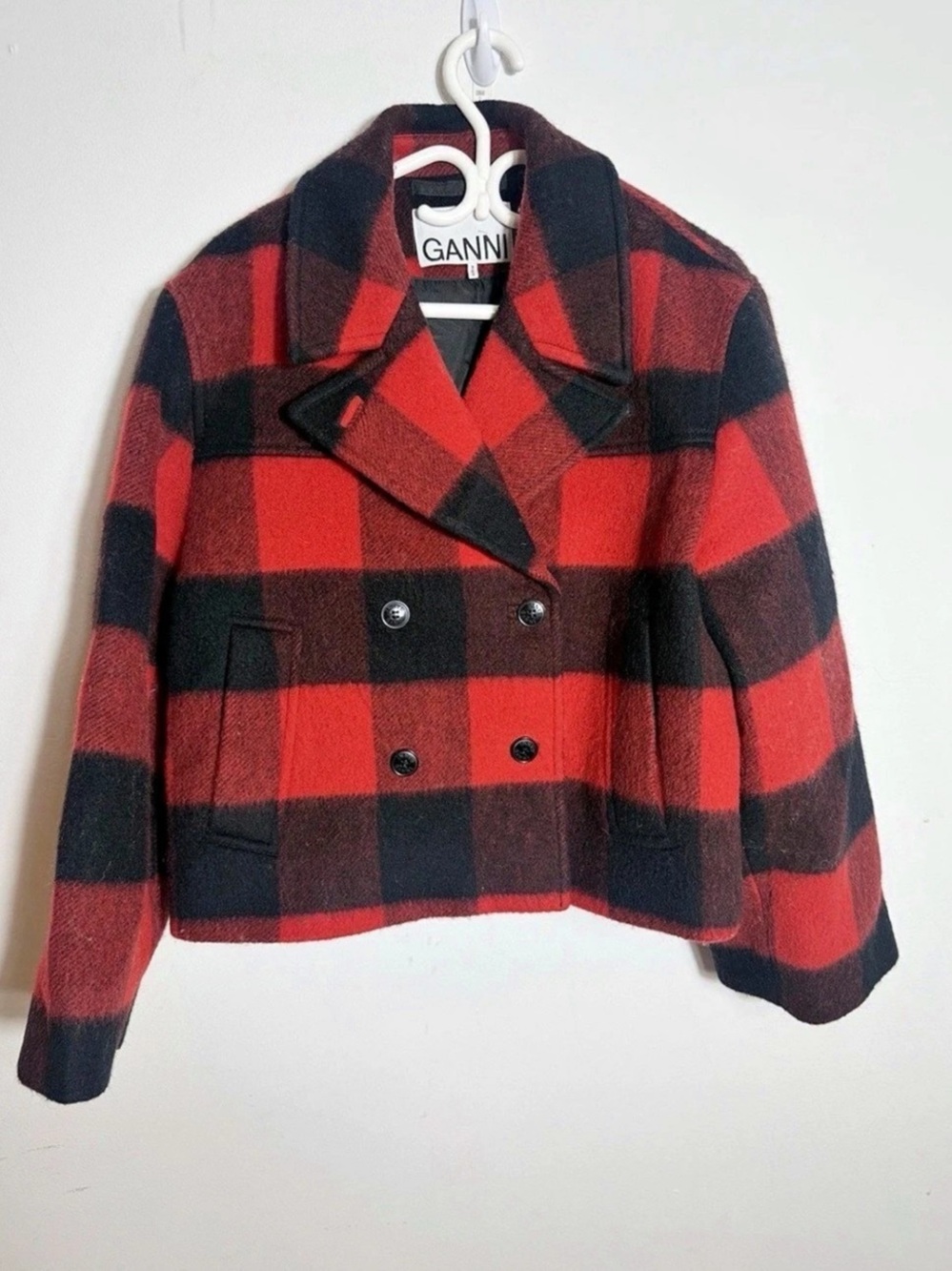 GANNI Double-Breasted Gingham Wool-Blend Jacket Gingham Wool-Blend Jacket Red &